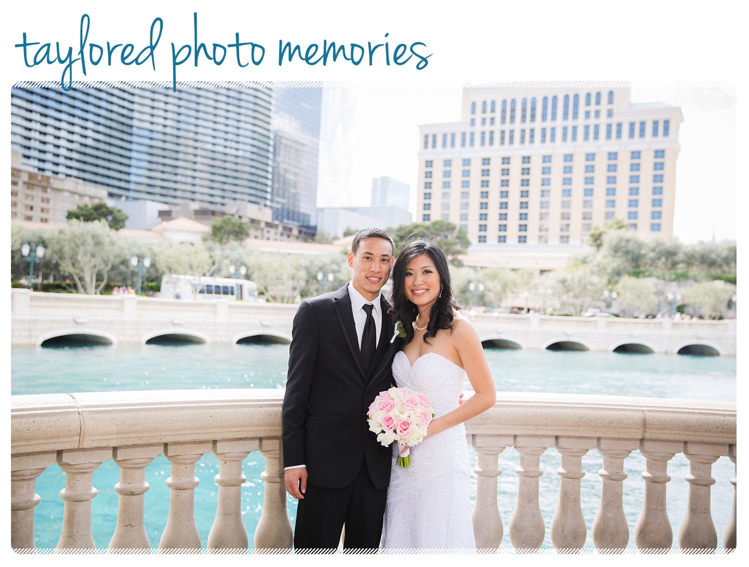 Couple from Hawaii chooses Las Vegas for their Destination Wedding. Strip Walking Tour -- Photos at Bellagio Fountains and Caesars Palace. 