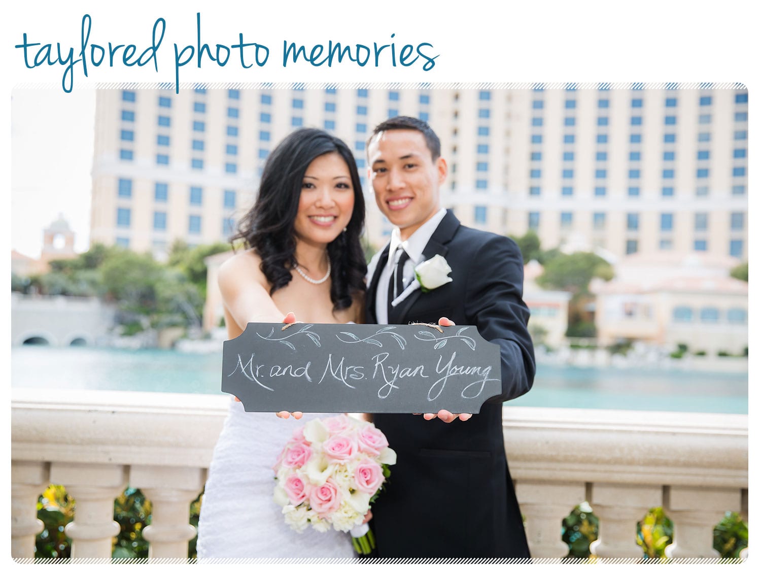 Couple from Hawaii chooses Las Vegas for their Destination Wedding. Strip Walking Tour -- Photos at Bellagio Fountains and Caesars Palace. 